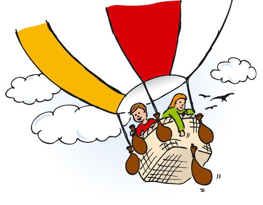 Kinder fliegen in einem Heißluftballon und werfen Sandsäcke ab.