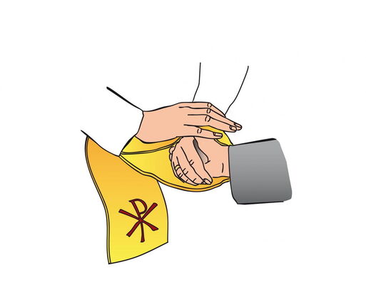 Die beiden Brautleute reichen einander die rechte Hand und der Priester wickelt zur Bestätigung beide Hände in seine Stola ein.