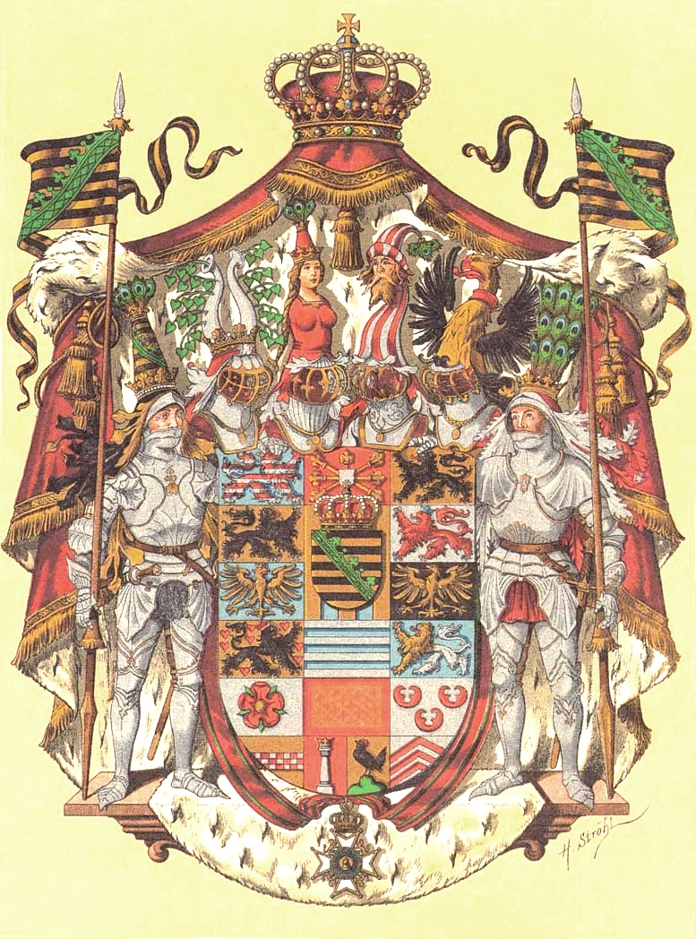 Ein großes Gesamtwappen zusammengesetzt aus den jeweiligen Wappen der einzelnen Herzöge.